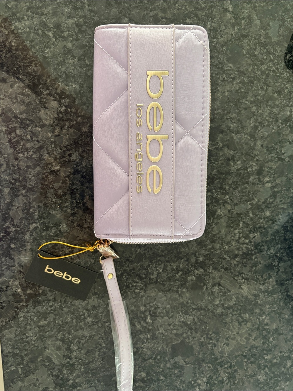 bebe Quilted Lilac Zip Wristlet with Gold Logo